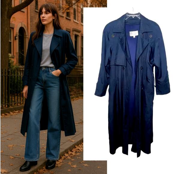 Neiman Marcus 10 LUXURY Full Length Trench Coat Belted Long Rain Jacket Blue EUC - Picture 1 of 16